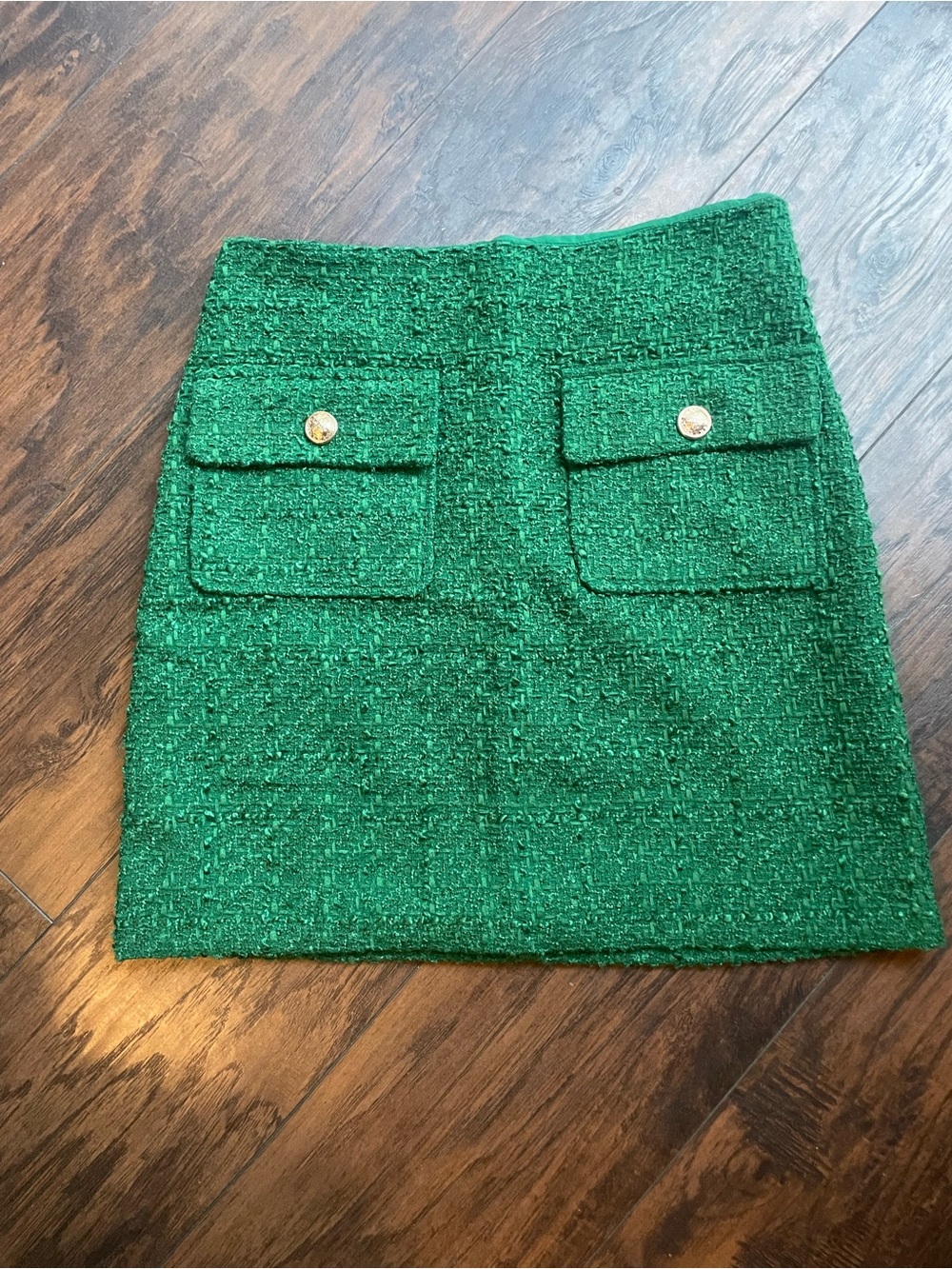 Green Tweed Mini Skirt with Front Flap Pockets